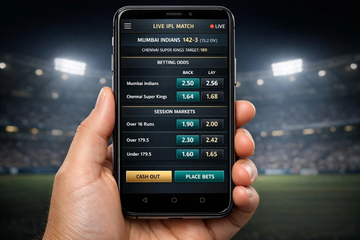 ReddyBook App live cricket betting interface with real-time IPL odds and session markets